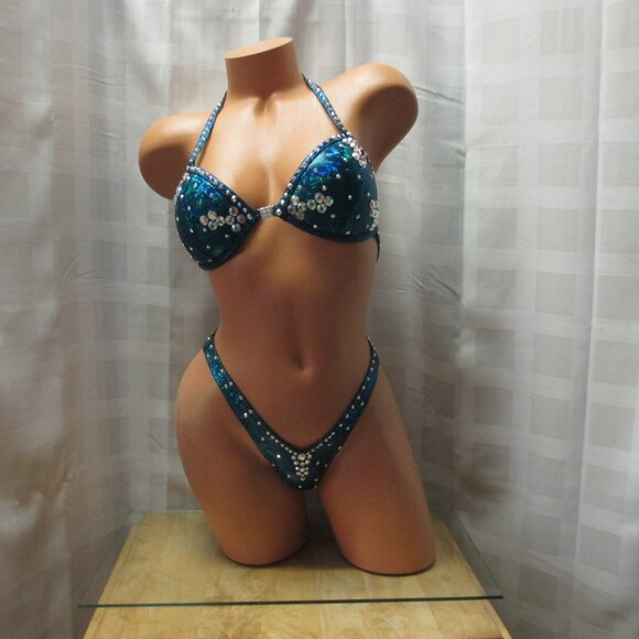 NPC competition FIGURE posing suit TEAL HOLOGRAM 32B CUP SMALL BOTTOM HANDMADE - Picture 4 of 4